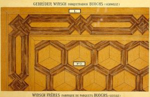 Pagina di un catalogo di parquet dei primi del '900 con esempi di posa del pavimento