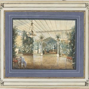 Un acquerello incorniciato risalente all'Ottocento, dipinto dal pittore russo, che ha immortalato quello che probabilmente è il giardino d'inverno della residenza dei Wittgenstein a Pavlino, in Russia