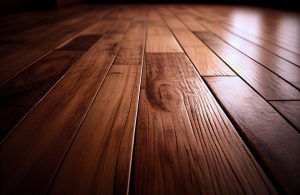 Primo piano su un parquet scuro lucido, visto da una prospettiva ravvicinata