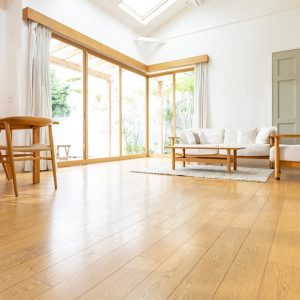 Prospettiva ad altezza pavimento di un soggiorno luminoso ed essenziale, con pochi mobili (tavolo con sedie,