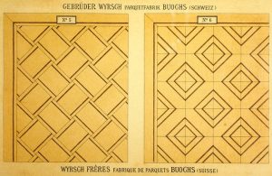 Pagina di un catalogo di parquet dei primi del '900 con esempi di posa del pavimento