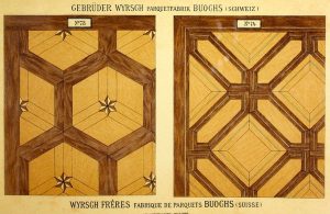Pagina di un catalogo di parquet dei primi del '900 con esempi di posa del pavimento