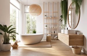 Luminoso bagno moderno tutto sui toni del legno e del bianco, con pavimento in parquet, vasca da bagno bianca e minimale, specchio circolare e molte piante