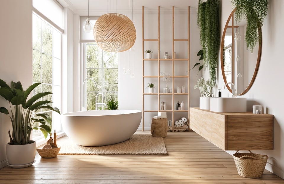Luminoso bagno moderno tutto sui toni del legno e del bianco, con pavimento in parquet, vasca da bagno bianca e minimale, specchio circolare e molte piante