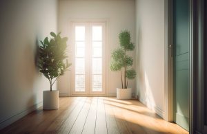 Luminoso ingresso di un'abitazione, con luce che entra dalla porta a vetri, due piante in vaso ai lati del piccolo corridoio e pavimento in legno