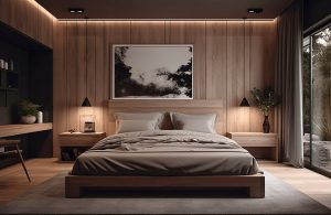 Stanza da letto in stile moderno elegante e caldo, con parquet alle pareti e sul pavimento, con una grande finestra a parete che dà su un giardino esterno