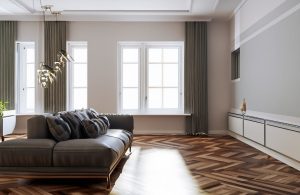 Immagine realizzata con Intelligenza Artificiale text-to-image di un luminoso ed elegante salotto moderno con parquet