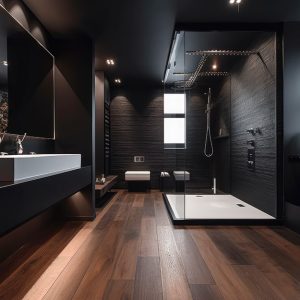 Lussuosa e minimale stanza da bagno sui toni del nero, con