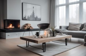 Elegante e luminoso salotto moderno con caminetto d'angolo, sofà grigio, grande quadro alla parete grigio chiaro, pavimento in parquet e, in primo piano, tavolo da caffè in legno e metallo dalle linee moderne