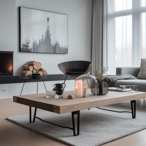 Elegante e luminoso salotto moderno con caminetto d'angolo, sofà grigio, grande quadro alla parete grigio chiaro, pavimento in parquet e, in primo piano, tavolo da caffè in legno e metallo dalle linee moderne