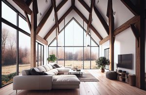 Salotto open space ricavato probabilmente da un fienile, con travi a vista, pareti completamente finestrate, pavimento in parquet, sofà e tv appesa al muro