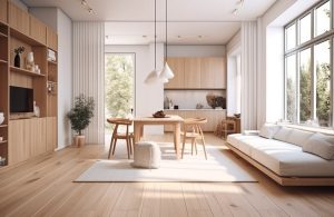 Ampio e luminoso open space con salotto e tavolo da pranzo, sofà, mobile tv, cucina, parquet, il tutto in legno in stile scandinavo moderno