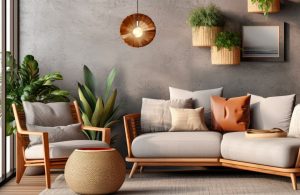 Salotto in stile scandinavo con poltrona, sofà, tappeto, parquet, piante pensili, grande vaso da pavimento e lampadario rotondo