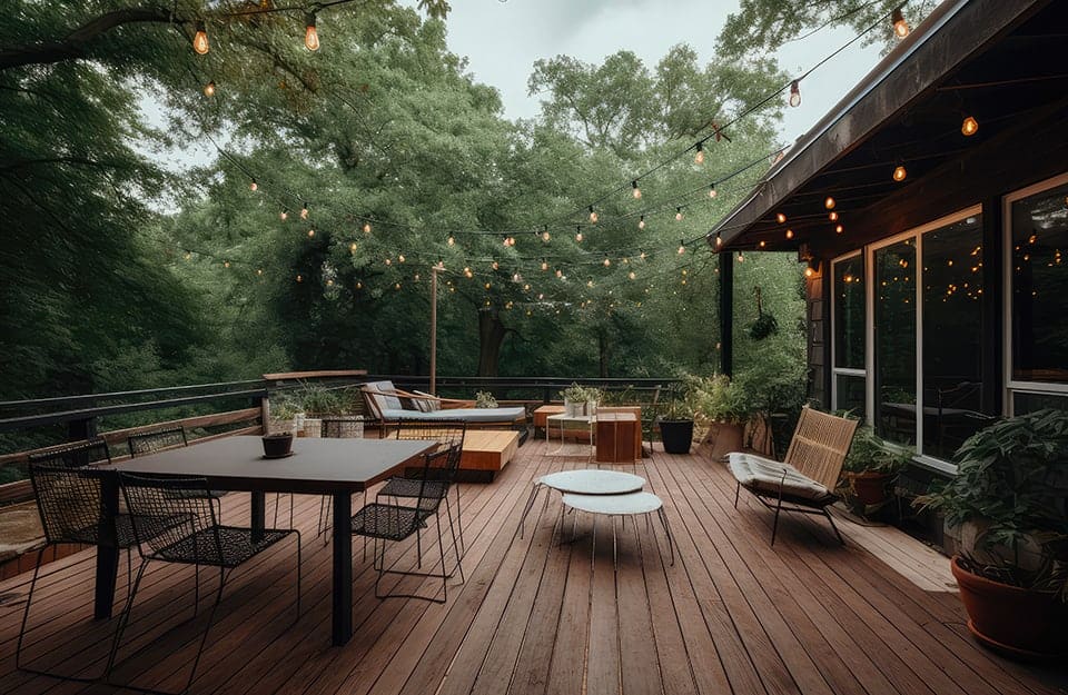 Giardino esterno con decking, sul quale c'è un salottino, un tavolo da pranzo con sedie e luci appese tra la casa e gli alberi