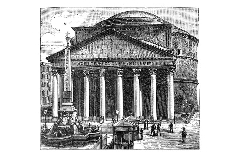 Incisione di inizio '900 che rappresenta il Pantheon di Roma e la piazza antistante