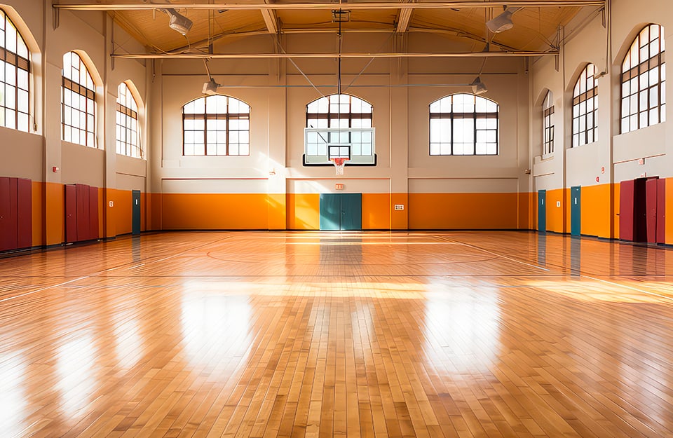 Un campo da basket completamente vuoto con parquet molto lucido che riflette la luce che entra dalle finestre ad arco della struttura