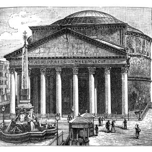 Incisione di inizio '800 che rappresenta il Pantheon di Roma e la piazza antistante