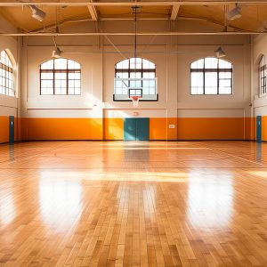 Un campo da basket completamente vuoto con parquet molto lucido che riflette la luce che entra dalle finestre ad arco della struttura