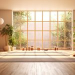 Luminosa stanza in stile orientale con grande finestra, parquet, piante e tappetini da yoga