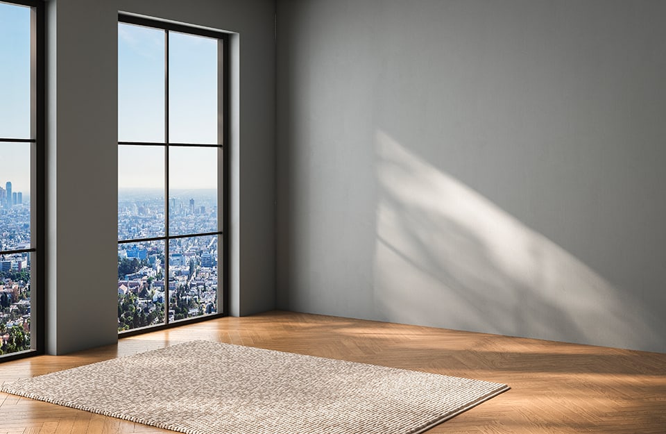 Stanza vuota con pareti grigie, parquet e tappeto davanti a una finestra affacciata dall'alto su un panorama urbano