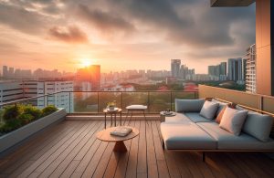 Terrazza con parquet esterno, salotto e vista sulla città