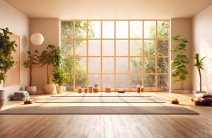 Luminosa stanza in stile orientale con grande finestra, parquet, piante e tappetini da yoga