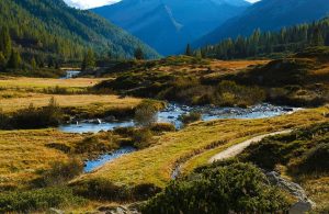 Paesaggio della Val di Fumo, in Trentino, con fiume, alberi e montagne in autunno