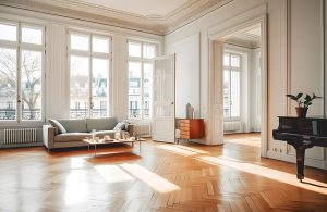 Luminoso salotto in stile vintage con pareti bianche decorate, molte finestre, pavimento in parquet illuminato dal sole, divano, mobile in legno e pianoforte a coda