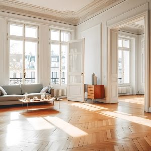 Luminoso salotto in stile vintage con pareti bianche decorate, molte finestre, pavimento in parquet illuminato dal sole, divano,