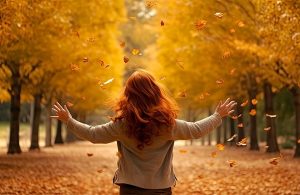 Una donna coi capelli rossi, vista di spalle, apre le braccia con gioia al paesaggio autunnale che ha davanti, pieno di alberi dalle foglie ingiallite e rossastre che ricoprono anche la strada