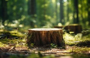 Un ceppo di albero tagliato in primo piano in una foresta piena di alberi