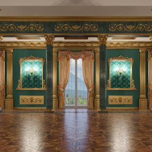 Sala da ballo di un palazzo antico e lussuoso, con fregi, tendaggi,