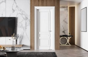Entrata sul salotto di un appartamento in stile moderno lussuoso, con porta bianca, parquet, parete a effetto marmo