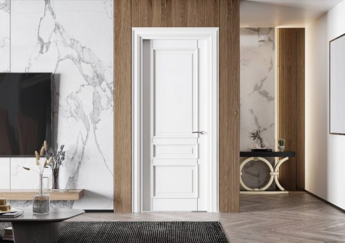 Entrata sul salotto di un appartamento in stile moderno lussuoso, con porta bianca, parquet, parete a effetto marmo