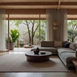 Ampio e luminoso salotto in stile Japandi con arredi in legno e parquet che dall'interno prosegue all'esterno, oltre le grandi vetrate