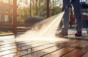Un uomo di cui si vedono sole le gambe sta lavando con un'idropulitrice il decking di una terrazza
