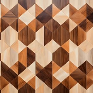 Vista dall'alto di un parquet con posa geometrica a esagoni e triangoli realizzata con varie essenze