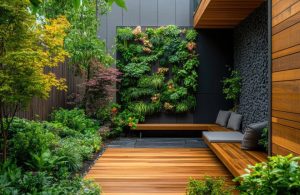 Un giardino moderno con un muro verde verticale, un decking in legno e sedute integrate. Il giardino presenta una varietà di piante, tra cui felci, piante da fiore e arbusti. Il muro verde verticale è un punto focale, coperto con diversi tipi di verde e fiori. L'area delle sedute è realizzata in legno con cuscini grigi. Il giardino è racchiuso da muri in legno e pietra