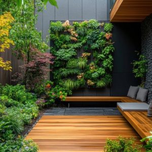 Un giardino moderno con un muro verde verticale, un decking in legno e sedute integrate. Il giardino presenta una varietà di piante, tra cui felci, piante da fiore e arbusti. Il muro verde verticale è un punto focale, coperto con diversi tipi di verde e fiori. L'area delle sedute è realizzata in legno con cuscini grigi. Il giardino è racchiuso da muri in legno e pietra