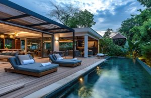 Esterno di un hotel con piscina, decking, gazebo e lettini nel verde