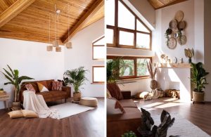 Due foto da angolazioni diverse di una luminosa mansarda con salotto, camino, arredamento rustico elegante con sofà in pelle, decorazioni in vimini, grande finestra e pavimento in parquet scuro