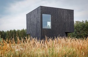 Una casa squadrata in stile architettonico contemporaneo, rivestita di pannelli in legno lavorati con la tecnica giapponese dello Yakisugi. La casa è isolata nella natura