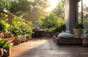 Esterno di una casa immersa nel verde con decking e diverse piante in vaso