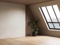 Angolo di una stanza moderna con un design minimalista. La stanza ha un pavimento in legno chiaro e una parete bianca liscia. Un'altra parete è rivestita con pannelli di legno verticali. C'è una grande finestra inclinata con cornice nera che lascia entrare molta luce naturale. Accanto alla finestra, c'è una pianta verde in un vaso nero