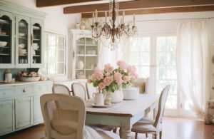 Sala da pranzo shabby chic con tavolo decapato e lampadario di cristallo