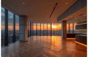 attico con parquet a spina di pesce e colonne in cemento a vista
