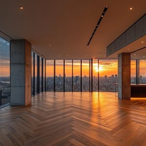 attico con parquet a spina di pesce e colonne in cemento a vista
