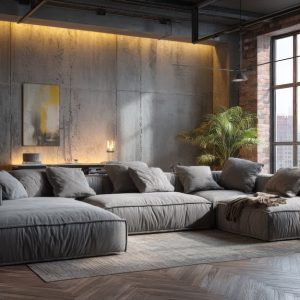 soggiorno industriale con parquet scuro e pareti in cemento