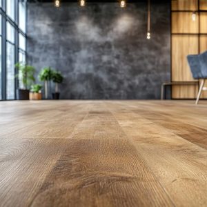 stanza moderna con parquet chiaro e parete in cemento spatolato