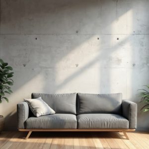 soggiorno con parquet, divano grigio e parete in cemento